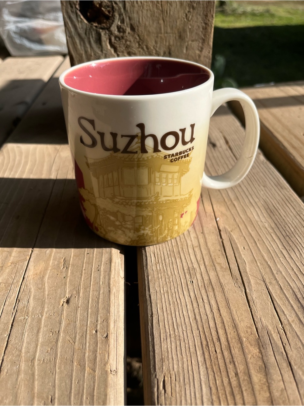 Starbucks Suzhou Ceramic Mug in Pink and Cream with Yellow Artwork